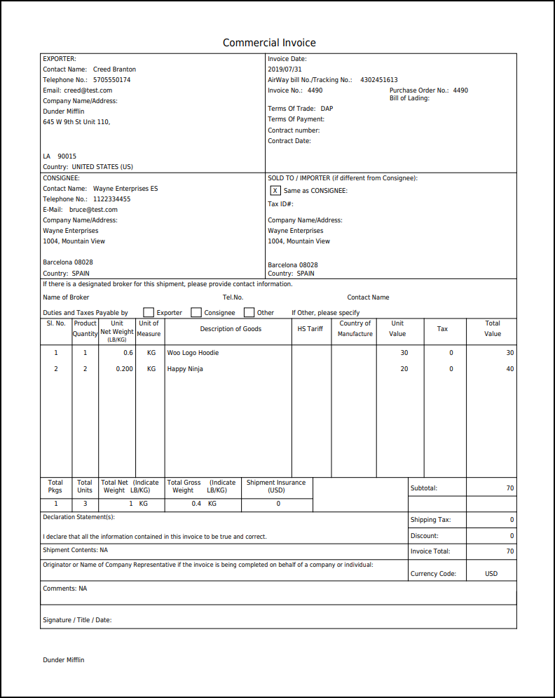 Print DHL Return Label in WooCommerce | Sample DHL Commercial Invoice
