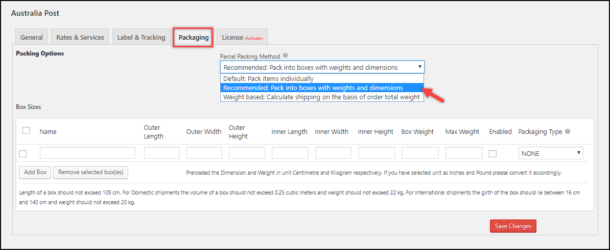 Integrate WooCommerce with Australia Post StarTrack | Parcel Packaging settings