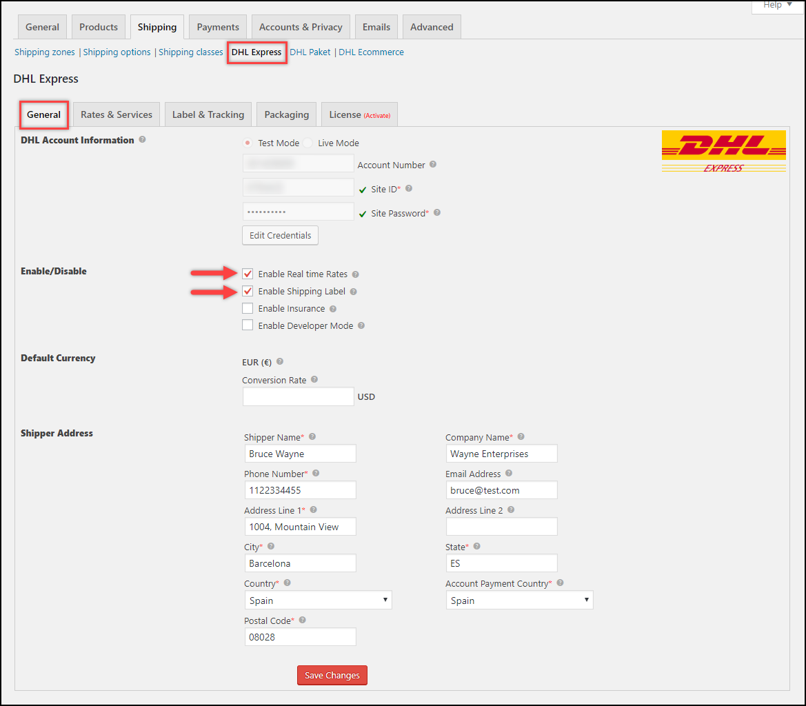 Schedule DHL Express Pickup in WooCommerce | General settings