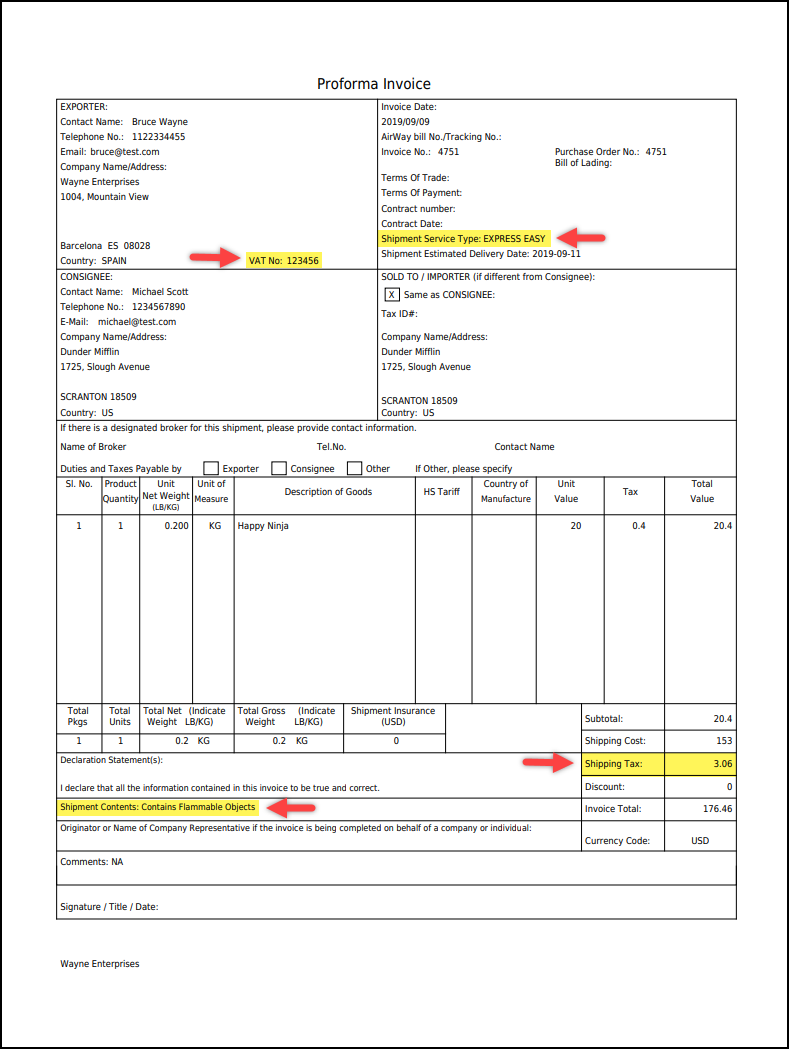 DHL commercial invoice printable template