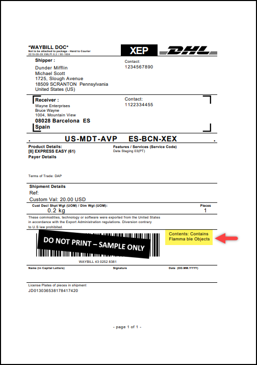 Customize DHL Shipping Label Sample Return Label Waybill Doc 