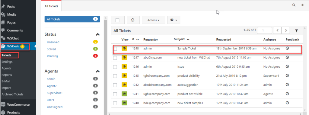 Ticket seen in the WSDesk page || live chat plugin