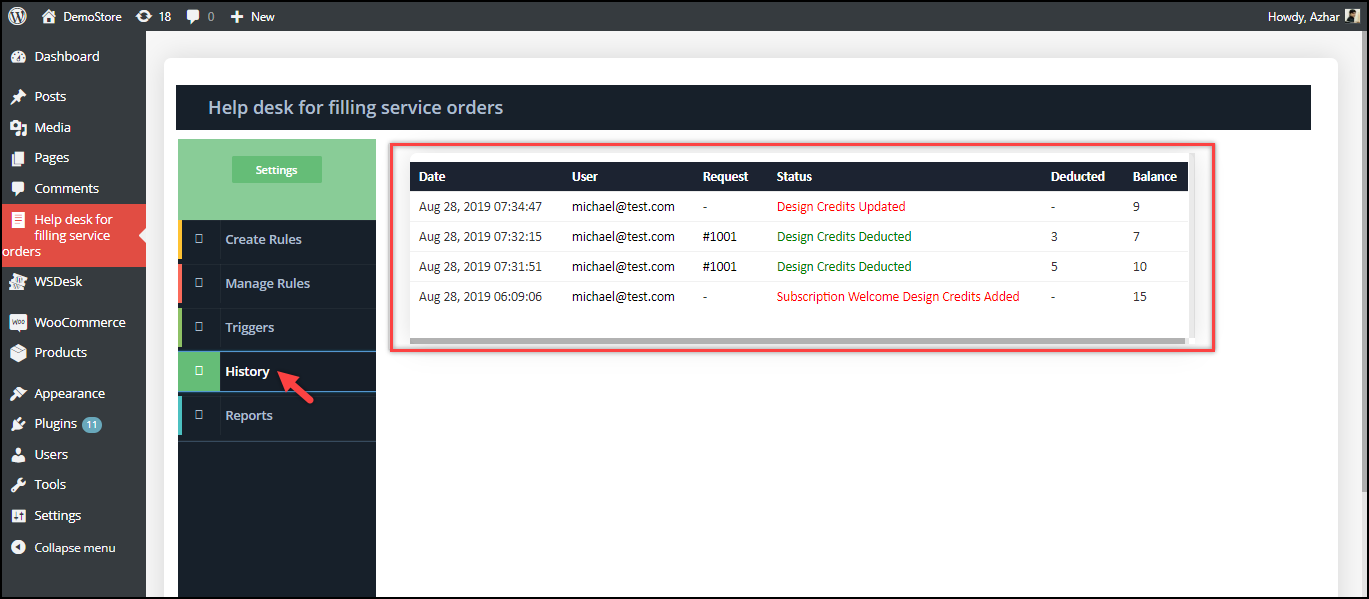 WSDesk Help Desk for Filling Service Orders | Agent view of Subscription History