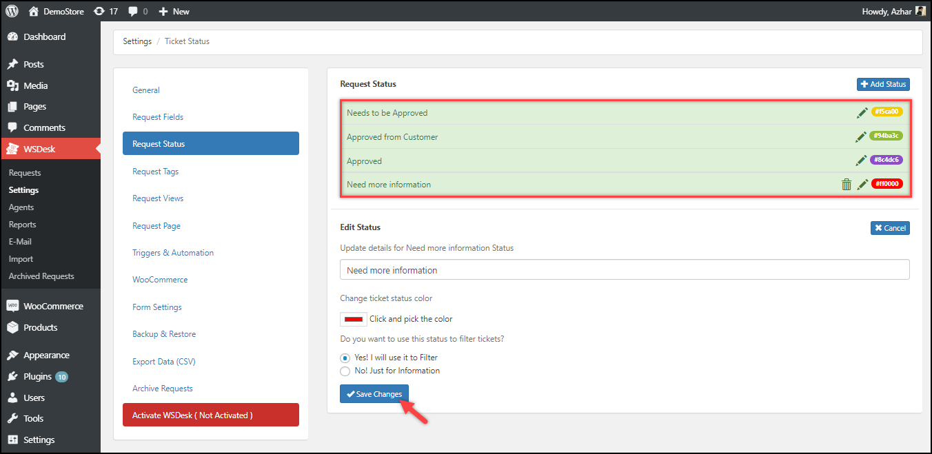 WSDesk Help Desk for Filling Service Orders | Configuring Request Status