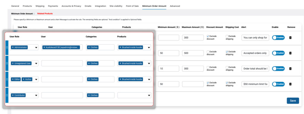 Minimum Order Restriction based on Roles, Users, Product Categories, and Product
