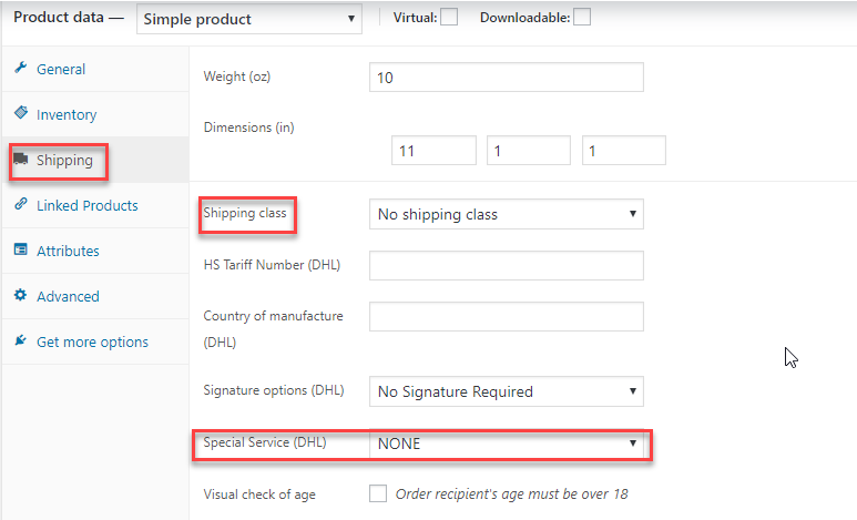 DHL Product Level Shipping Settings