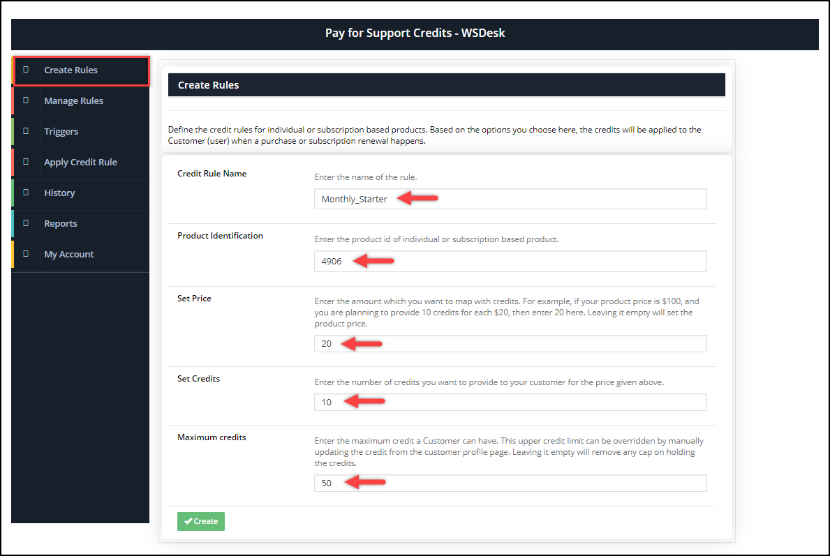 WSDesk Pay For Support | Create Rules