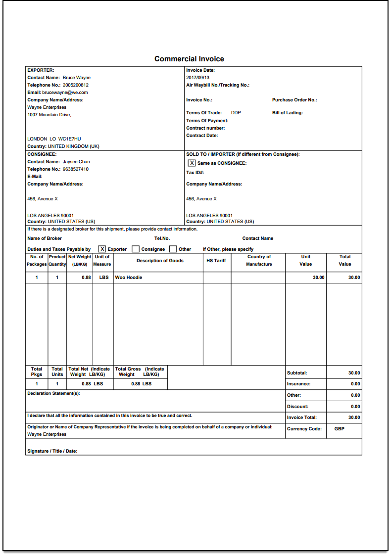 WooCommerce DHL Express Shipping | Sample DHL Commercial Invoice