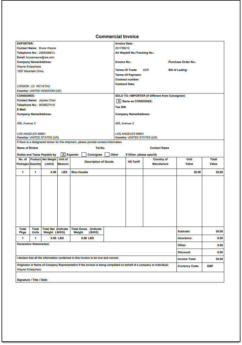 dhl commercial invoice template