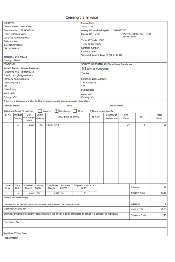 commercial invoice for customs purposes only template