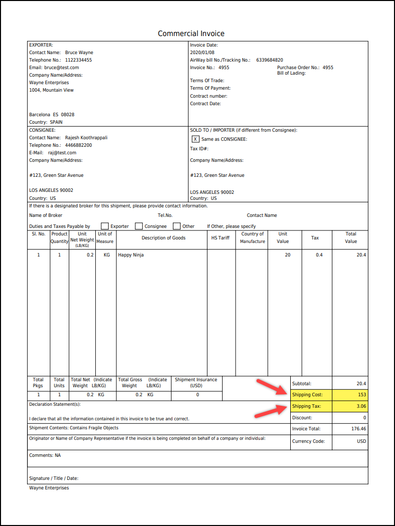 Showing Order's Flat rate and Shipping Tax | Default DHL Commercial Invoice