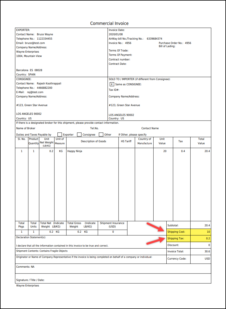 Showing Order's Flat rate and Shipping Tax | New DHL Commercial Invoice