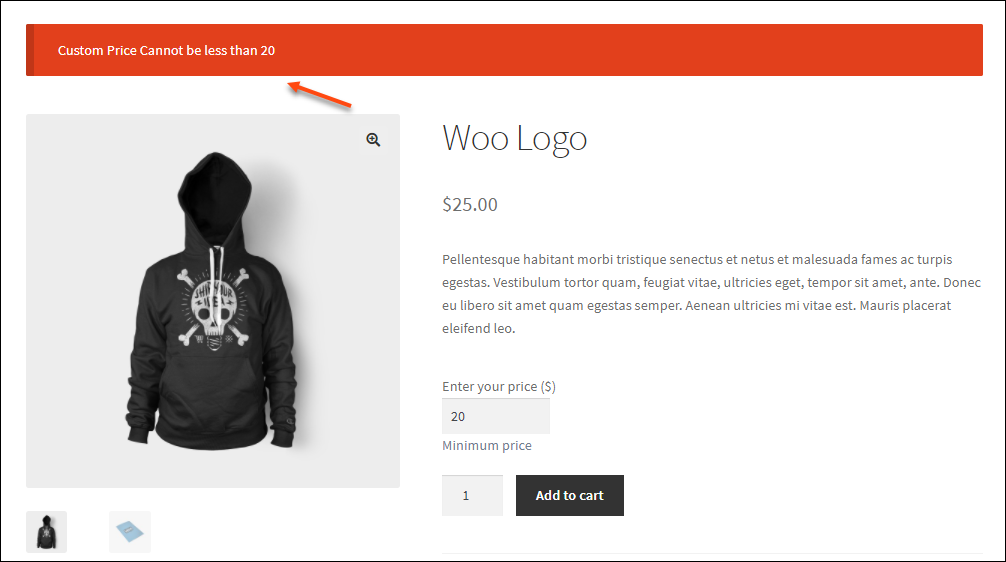 ELEX WooCommerce Name Your Price Plugin | Message to enter minimum price greater than or equal to configured amount