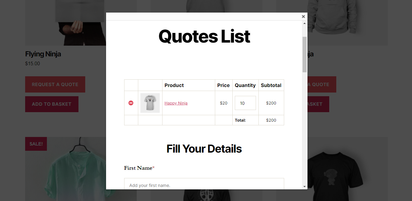 ELEX WooCommerce Request a Quote Plugin | Quote list in lightbox