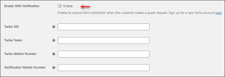 SMS Notification For triggering SMS notification to the admin, you can enable the SMS notification option and add the required details. | SMS Notification setting