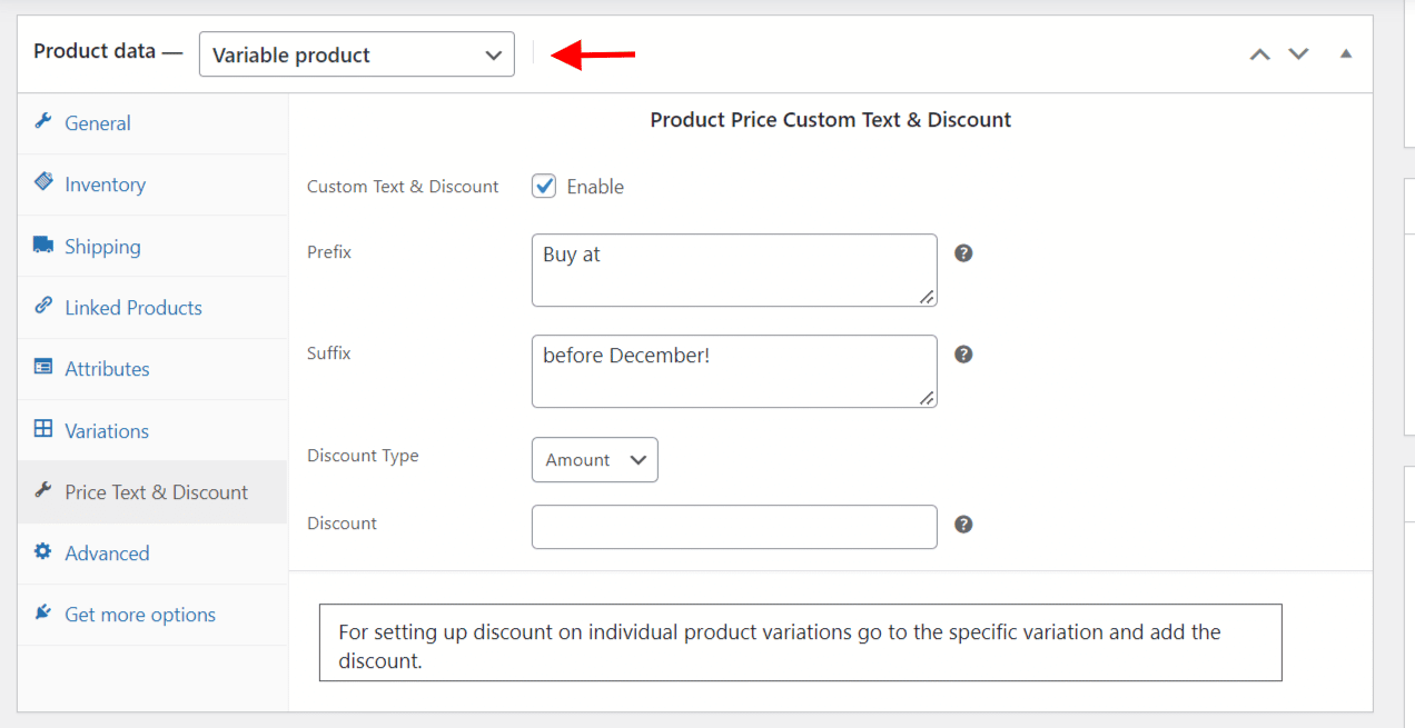setting up custom text and discounts for all the variations of a parent product