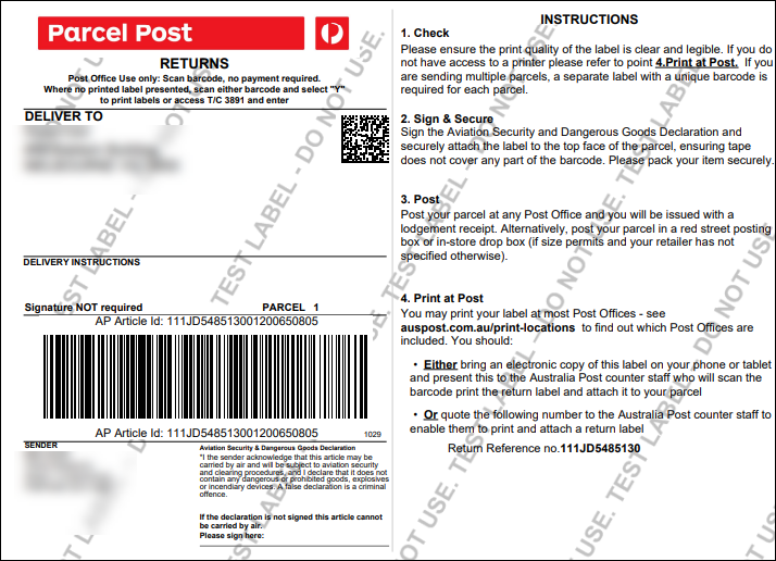 ELEX WooCommerce Australia Post Return Label Add-On | Return label created with Parcel Post
