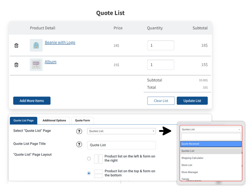 Choose a Page to Display the Quote List & Request Form