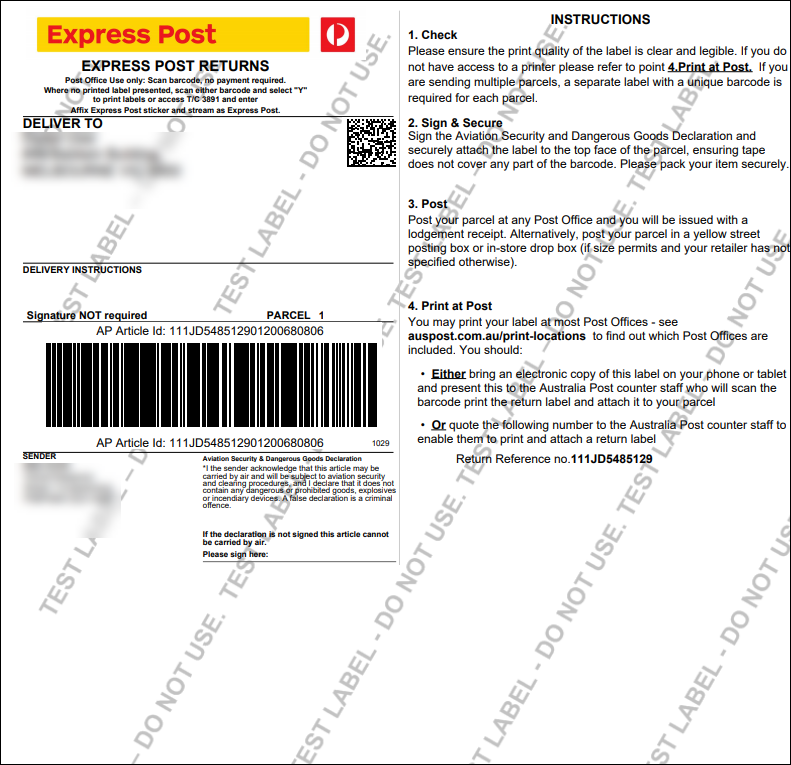 ELEX WooCommerce Australia Post Return Label Add-On | return label created with Express Post
