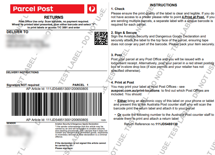 Print Return Labels of Australia Post