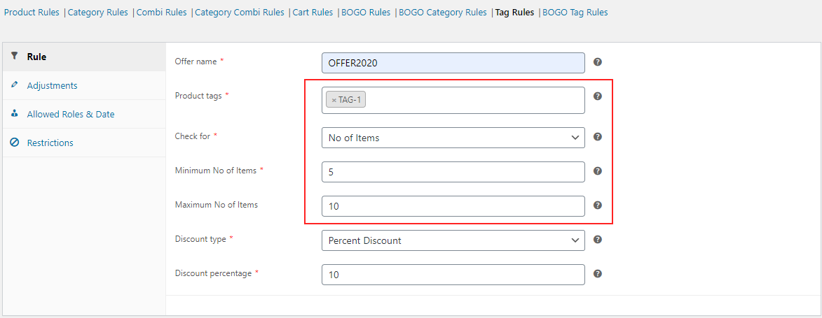 Apply Conditional Discounts for WooCommerce | Tag rules set up