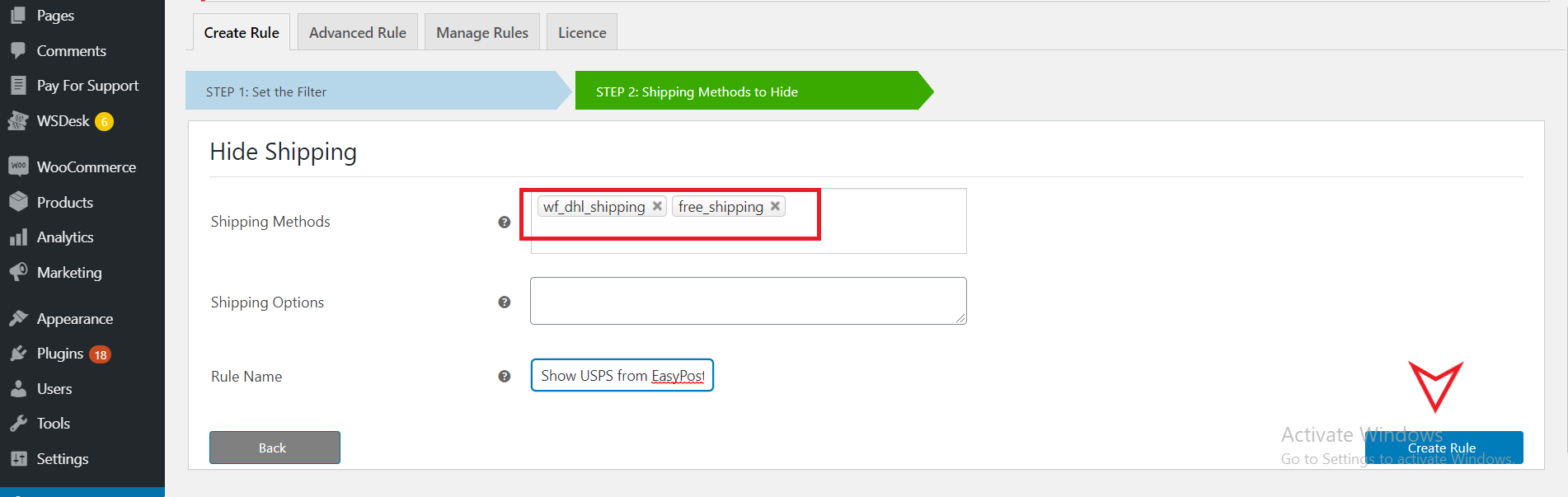 Hide Certain Shipping Methods to Specific Vendors | create-rule