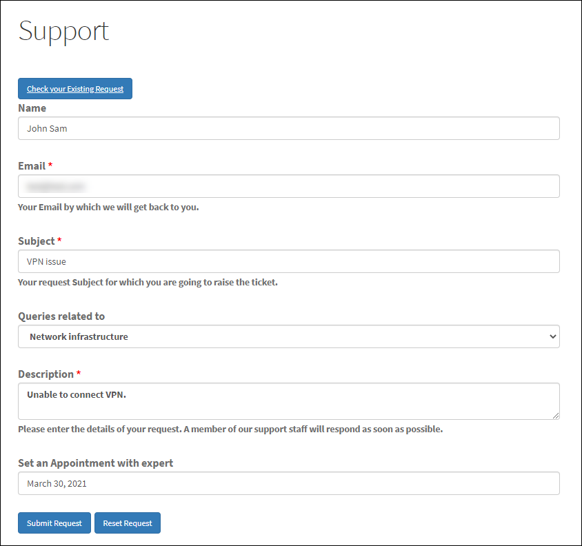 Open Source Help Desk Management System for Back Office IT support | example of a filled up form