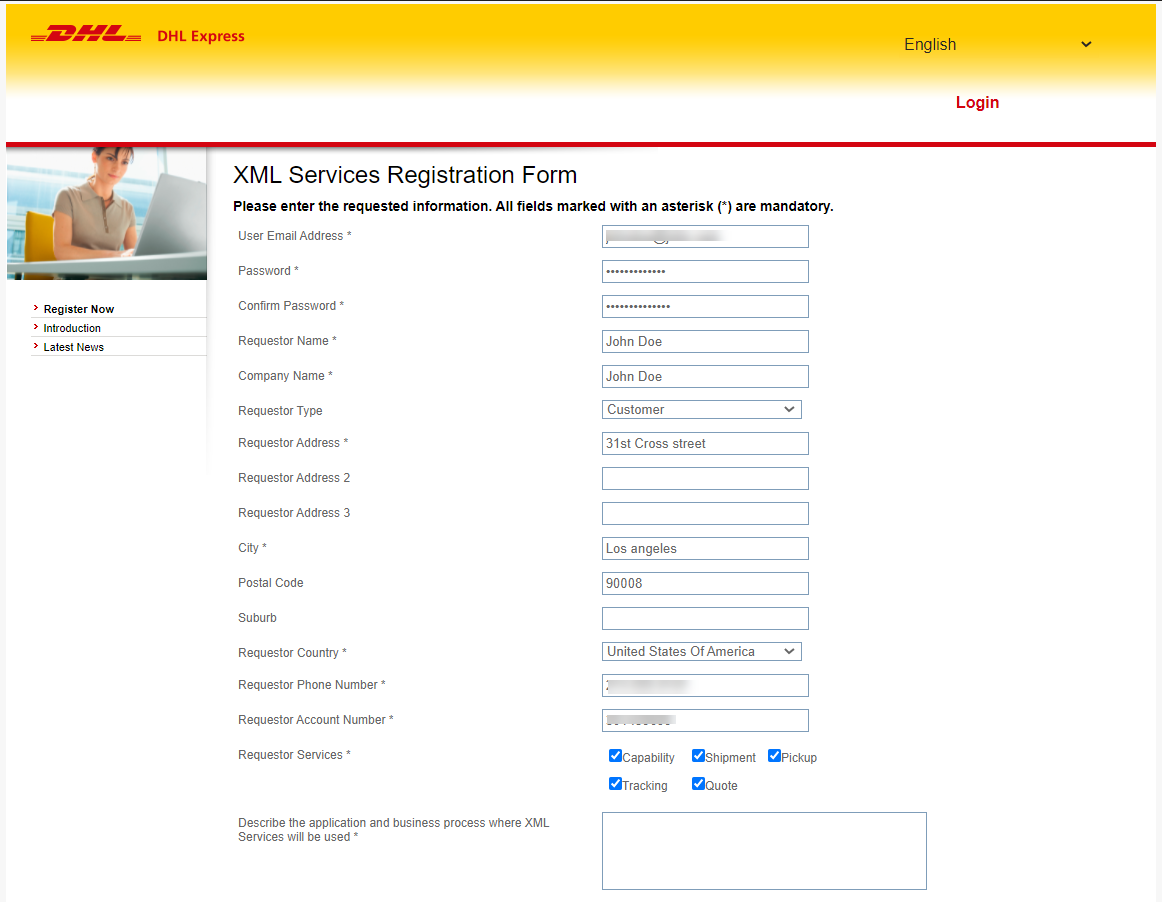 How to Create a DHL Express Account and Configure them in ELEX DHL Express Plugin? | XML service registration-form
