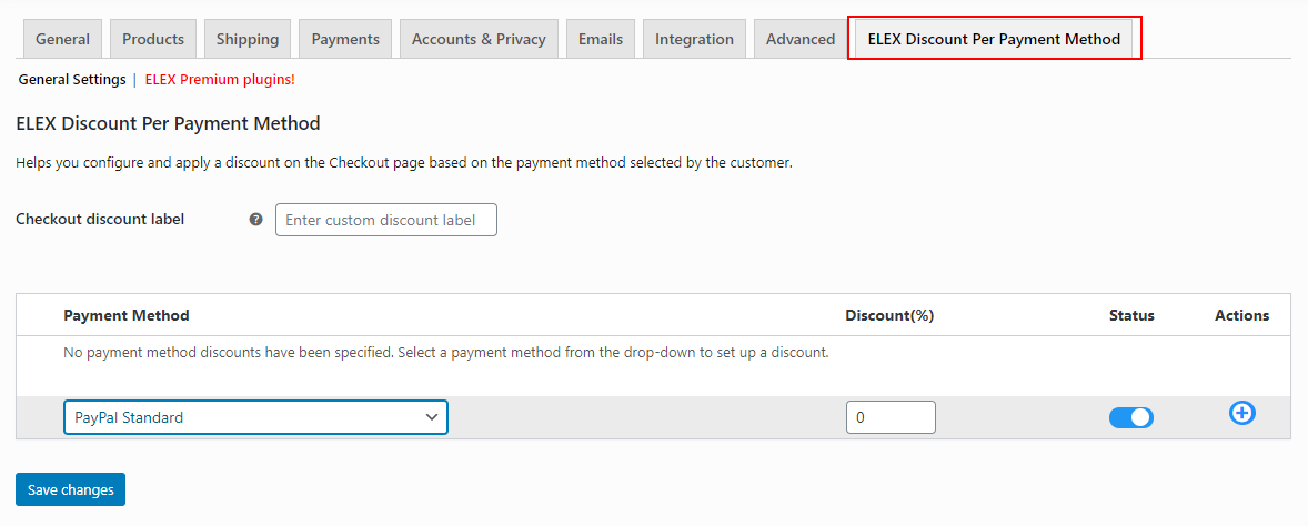 ELEX WooCommerce Discount per Payment Method Plugin | Discount per payment method main tab