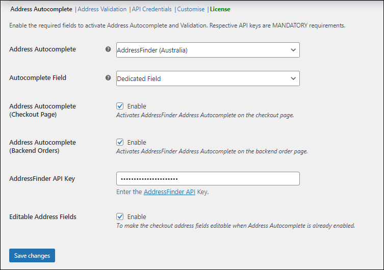 Configure Address Autocomplete Option for Australian Addresses Using AddressFinder | Enter the details