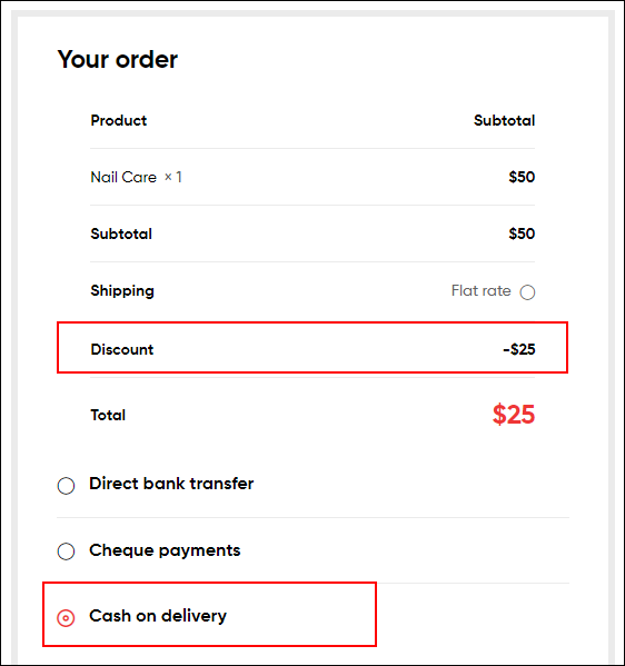 ELEX WooCommerce Discount per Payment Method Plugin | Example of the discount on Checkout page