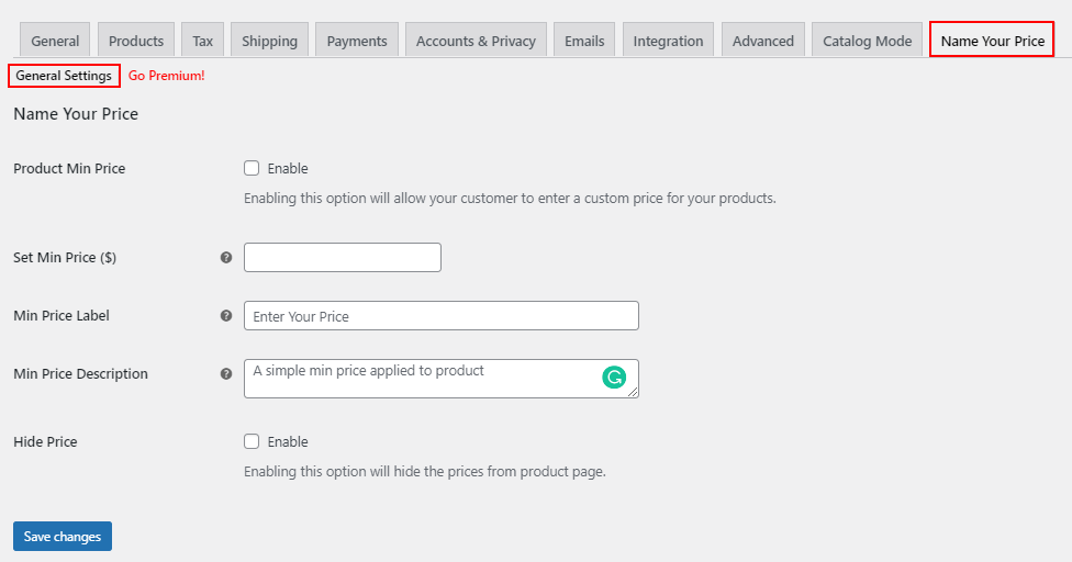 All About Setting Up WooCommerce Custom Price Field | General-settings-of-name-your-price-plugin