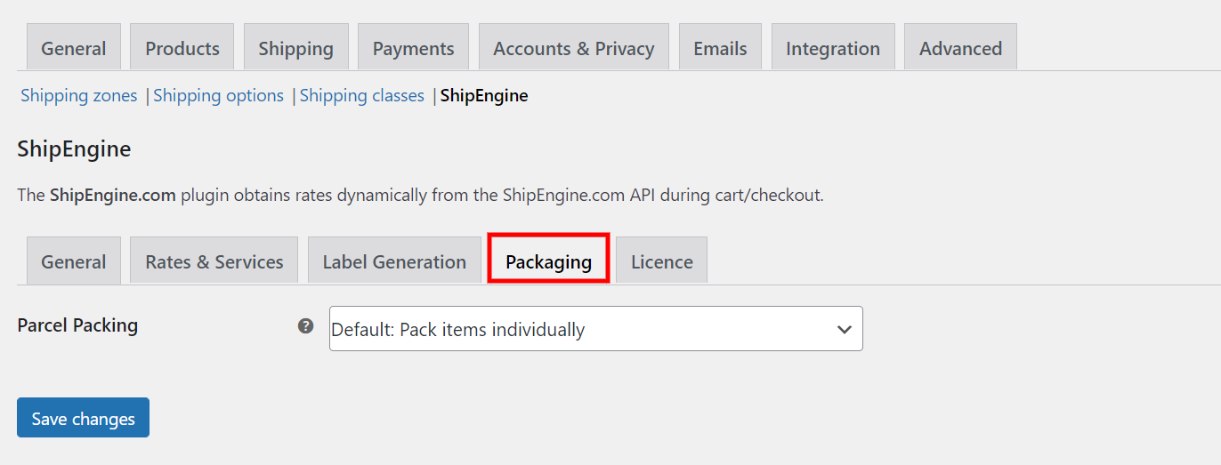 ELEX ShipEngine Multi-Carrier Shipping & Label Printing Plugin for WooCommerce | packaging settings