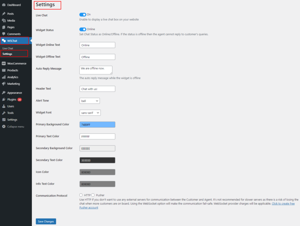 wschat free version plugin settings