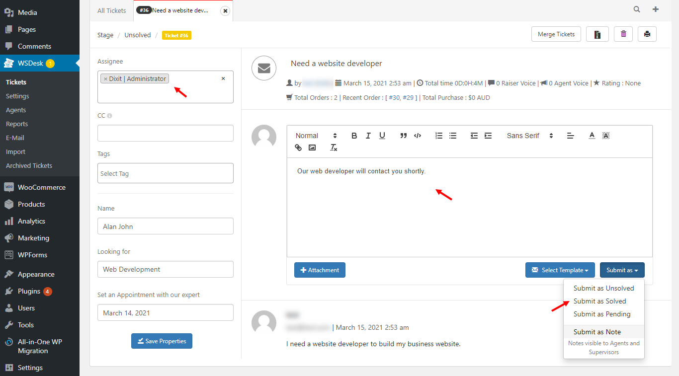 How to Set Up a Ticketing System to Sell Customer Support? | sending-reply-to-customer