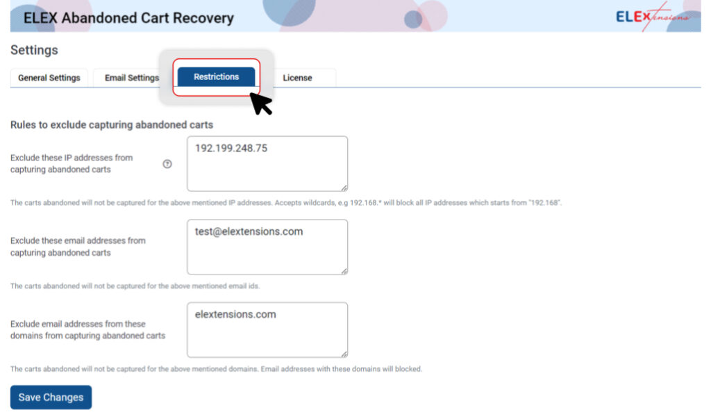Email Restriction with ELEX Abandoned Cart Recovery Plugin