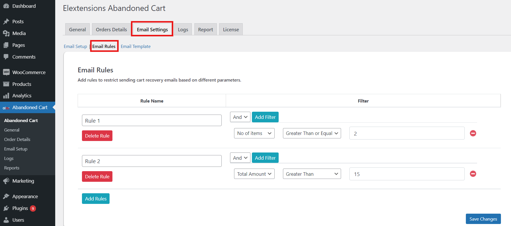 ELEX WooCommerce Abandoned Cart Recovery Plugin | email rules