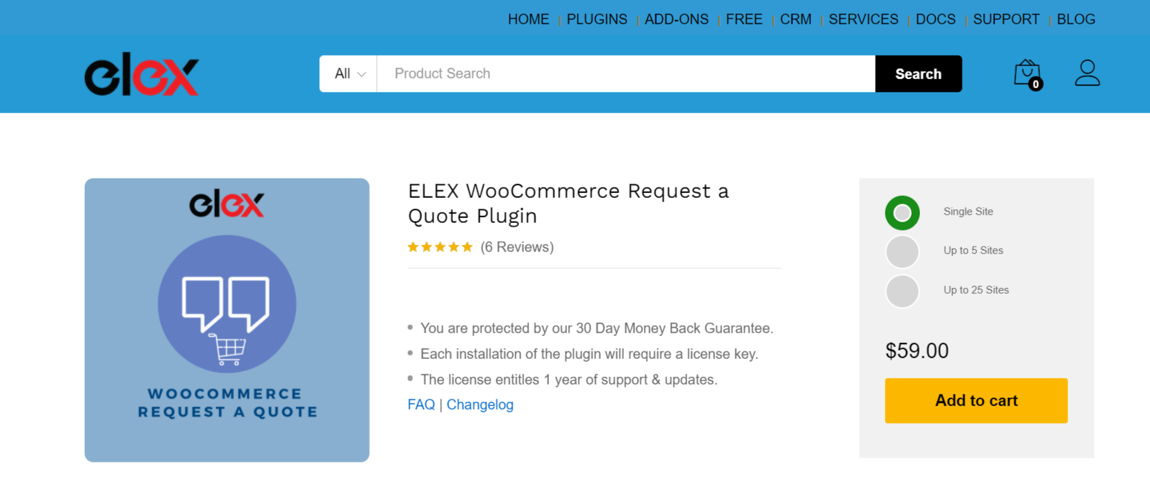ELEX Request a Quote product page with a price of $59 