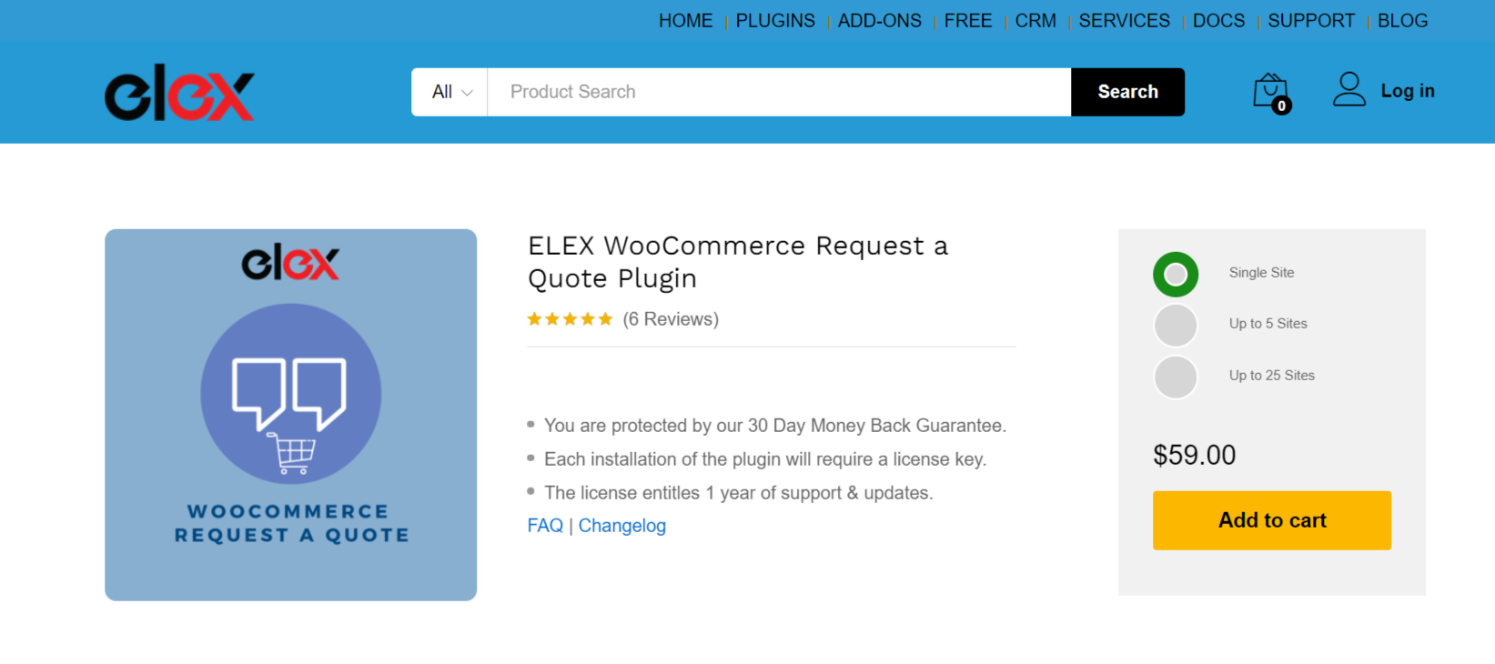 ELEXtensions request a quote product page with pricing of $59