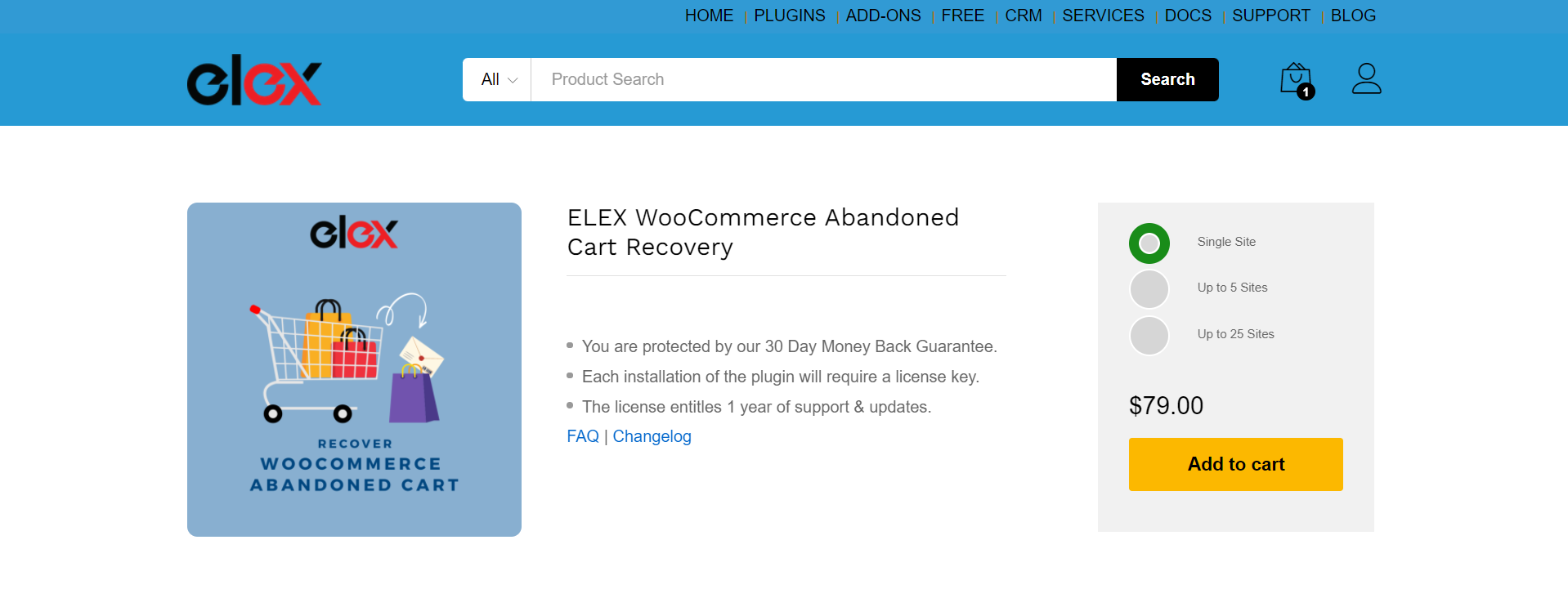 ELEX Abandoned Cart Recovery plugin product page with a price of $79 for a single site.