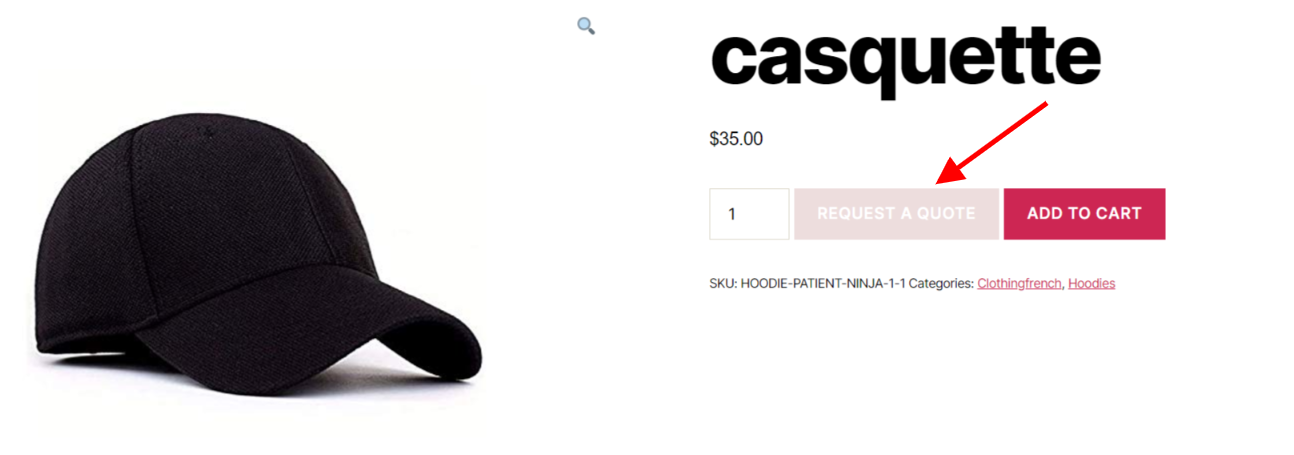 A black cap with the request a quote button next to the add to cart button 