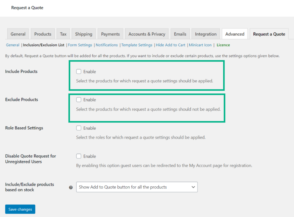 Request a Quote plugin 'Inclusion/Exclusion list' settings tab