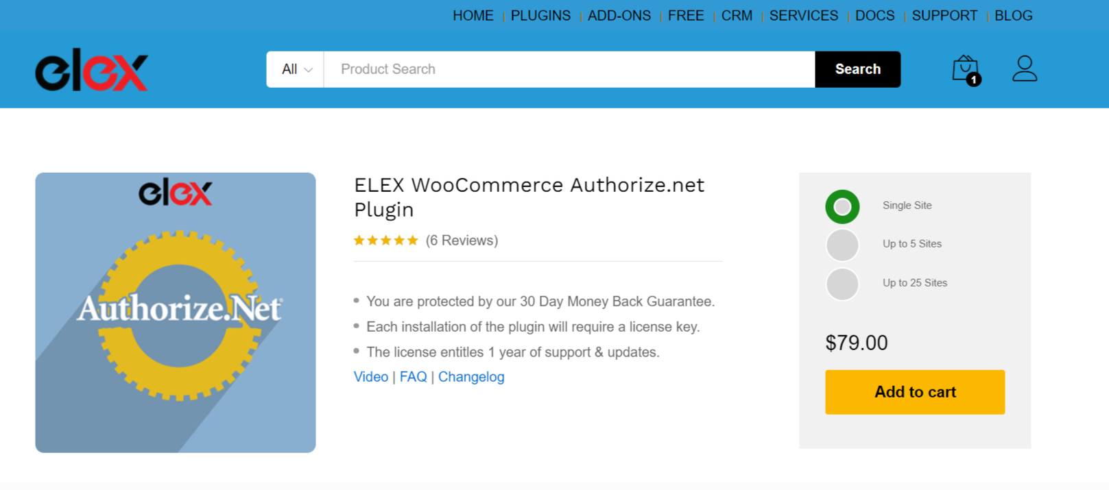 ELEX Authorize.net plugin product page.