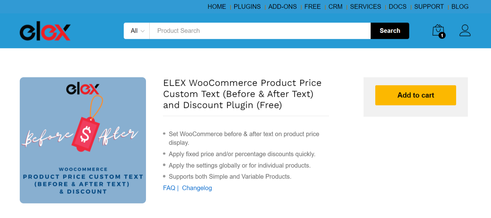 ELEX WooCommerce Product Price Custom Text (Before & After Text) and Discount Plugin product page.