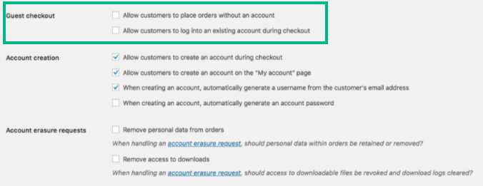 WooCommerce guest checkout settings.