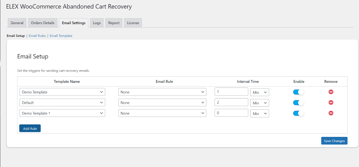 ELEX Abadnoned Cart Recovevry plugin email setup settings.