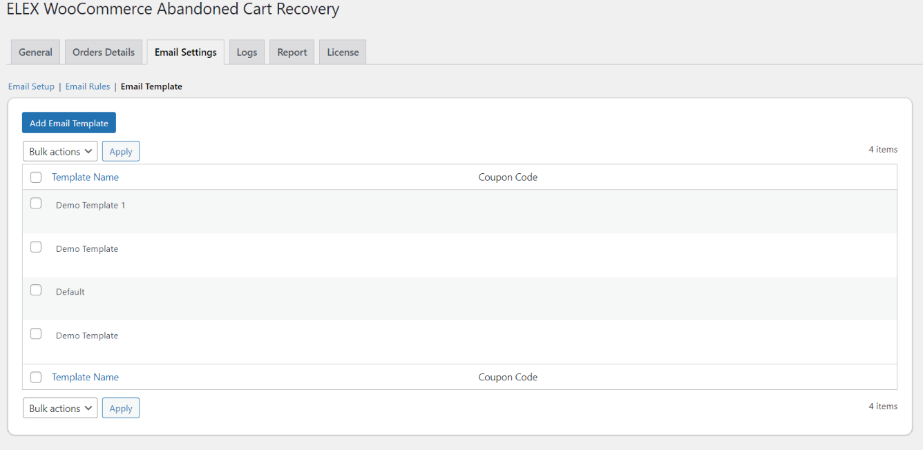 ELEX Abandoned Cart Recovery plugin email template settings.