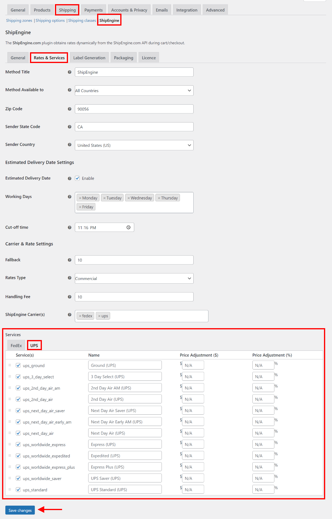 Add a custom method title if necessary and provide the sender's shipping information on the Rates and Services tab.