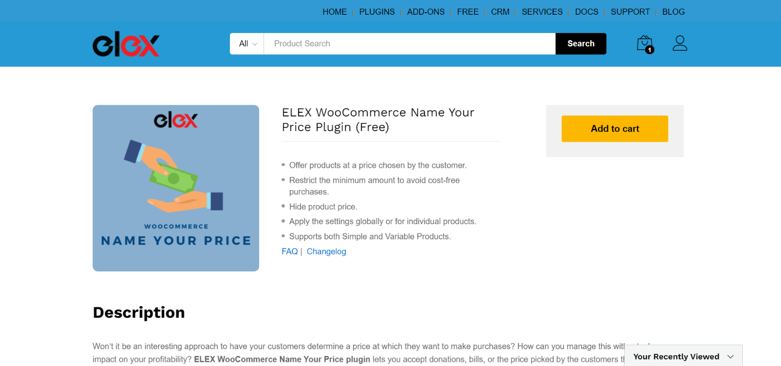 ELEX Name Your Price plugin product page