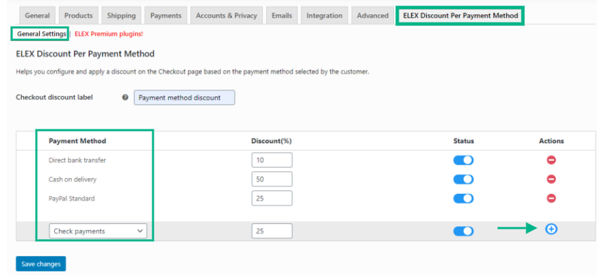 ELEX Discount Per Payment method plugin settings.
